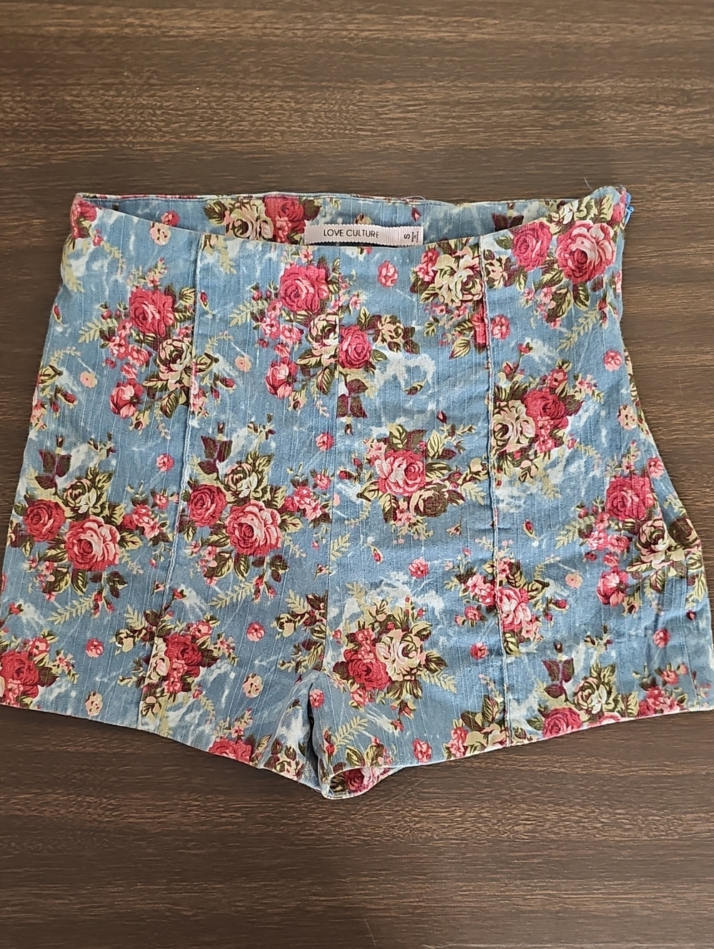 Love Culture Blue Floral High Waist Shorts with Pink Rose Pattern
